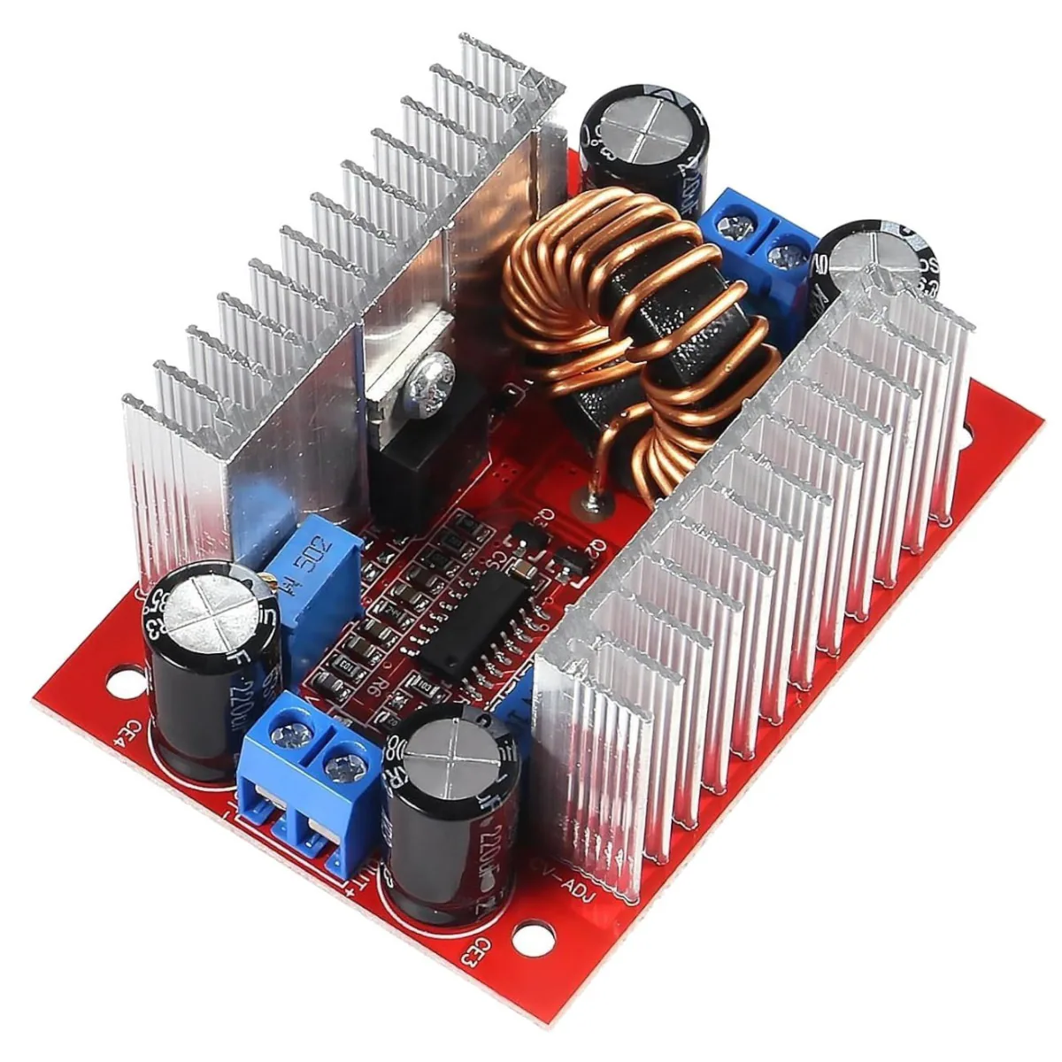 400w_15a_boost_converter_top_view_cc_cv_precision_potentiometers_dual_aluminum_heatsink_layout_15a_screw_terminals_under-side_power_trace_detail_2_